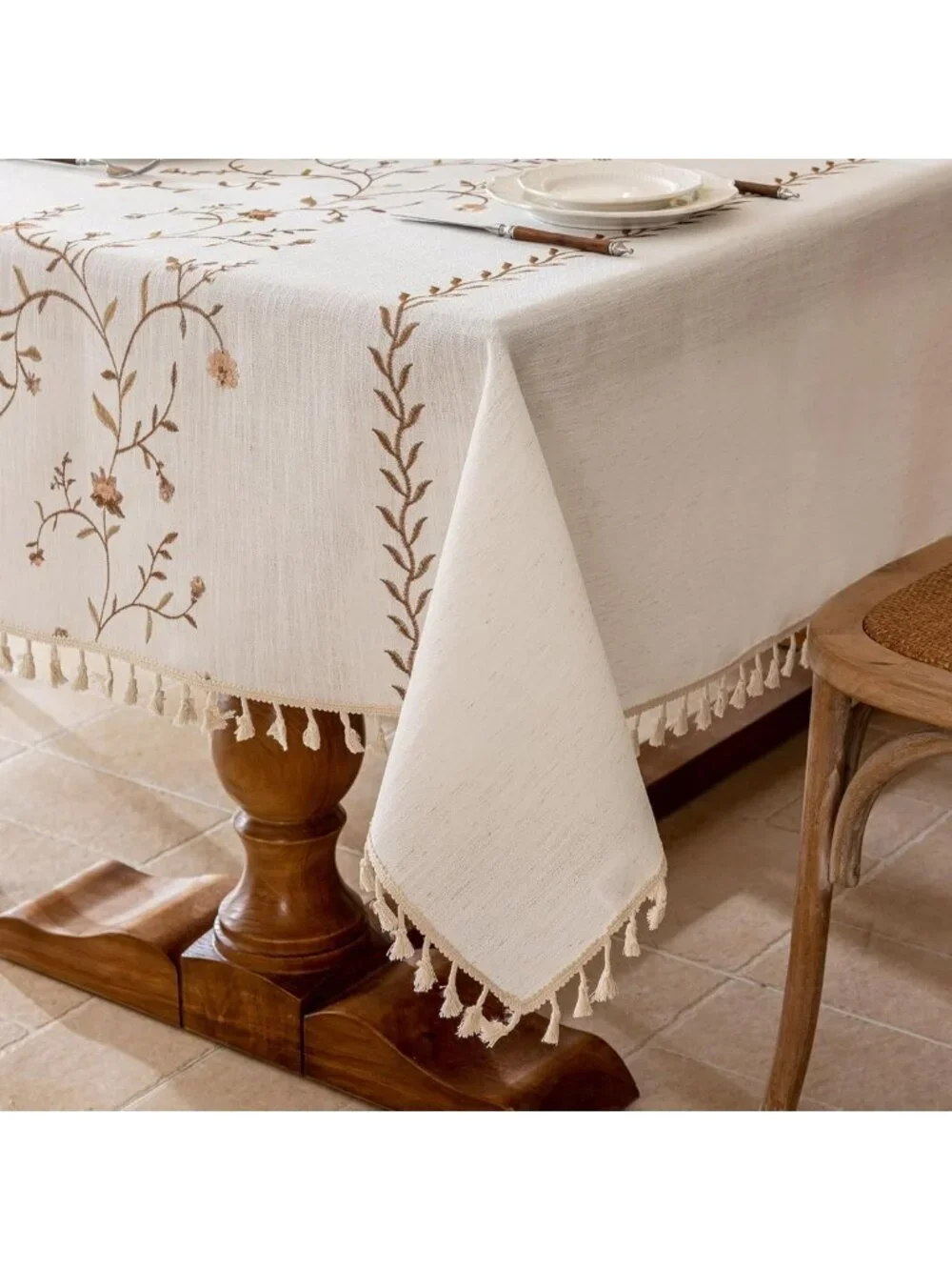 Waterproof Linen Tablecloth with Tassels, Rustic Floral Embroidery, 55